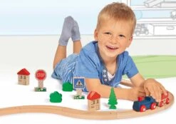 Holz-Eisenbahn Train Circular Eichhorn Lokomotive Mit Wagen Und Zubehör 20 Teile 135 Cm Schienenlänge