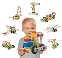 Holzset Wooden Toy Assortment 3in1 Eichhorn Bahngleis 20 Teile Bausatz 85 Teile Und Würfel 85 Teile Von 1-3 Jahren