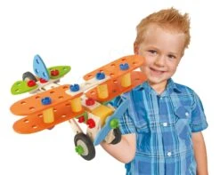 Holzbausatz Flugzeug Doppeldecker Constructor Biplane Eichhorn Vier Modelle (Dinosaurier, Doppeldecker, Motorrad, Wasserflugzeug) 90 Teile Ab 4 Jahren