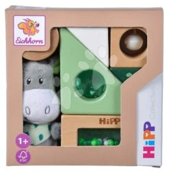 Drevené Didaktické Kocky So Zvukom Baby HIPP Sound Blocks Eichhorn S Plyšovým Somárikom 8 Dielov Od 12 Mes EH5865