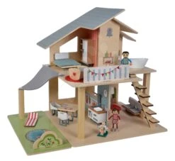 Spielhaus Für Puppen Aus Holz Doll´s House With Furnitures Eichhorn Stöckig, Mit 4 Zimmern 3 Figuren Und Möbel Höhe 44 Cm